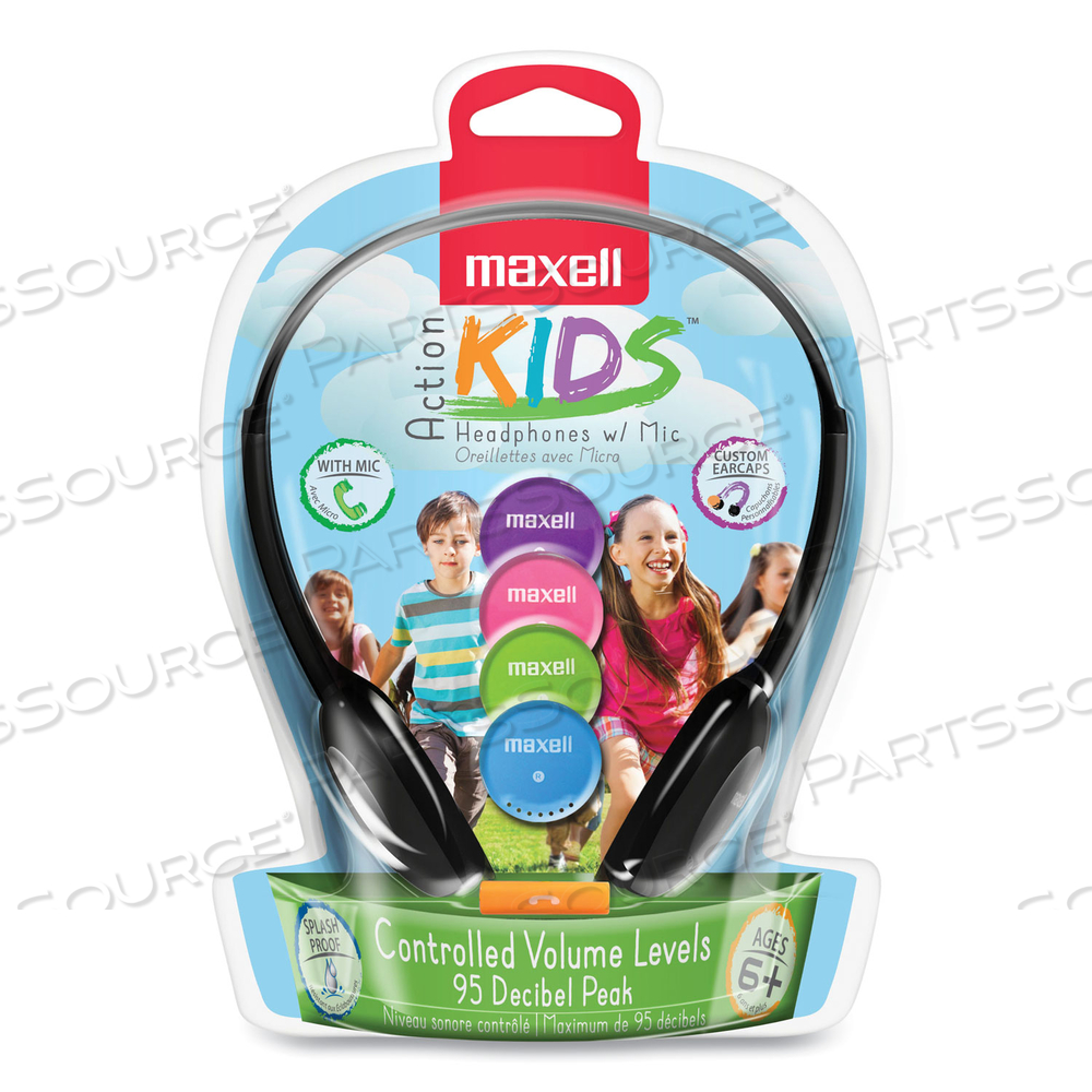 KIDS SAFE HEADPHONES WITH INLINE MICROPHONE, 4 FT CORD, BLACK WITH INTERCHANGEABLE PINK/BLUE/SILVER CAPS by Maxell