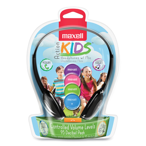 KIDS SAFE HEADPHONES WITH INLINE MICROPHONE, 4 FT CORD, BLACK WITH INTERCHANGEABLE PINK/BLUE/SILVER CAPS by Maxell