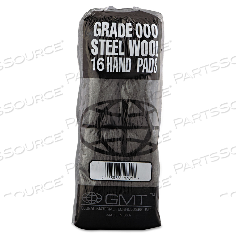 INDUSTRIAL-QUALITY STEEL WOOL HAND PADS, #000 EXTRA FINE, STEEL GRAY, 16 PADS/SLEEVE by GMT