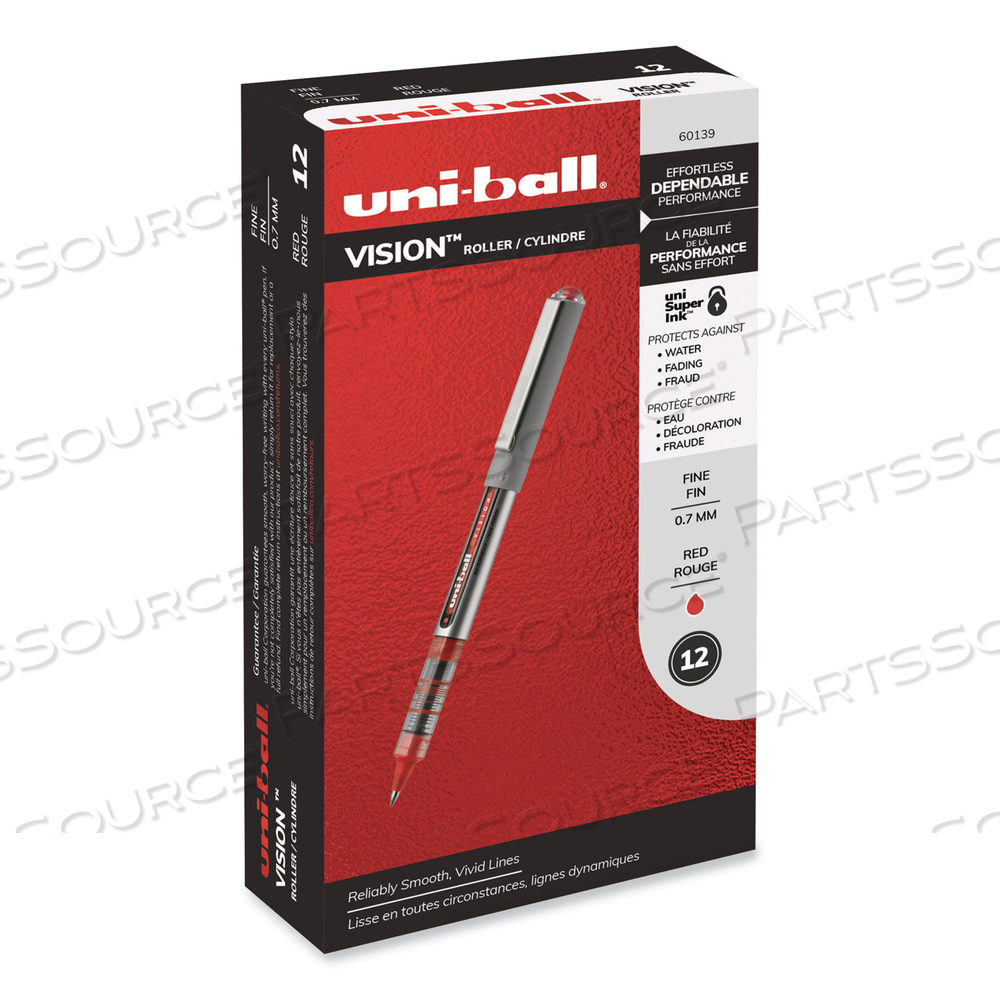 VISION ROLLER BALL PEN, STICK, FINE 0.7 MM, RED INK, GRAY/RED BARREL by Uni-Ball