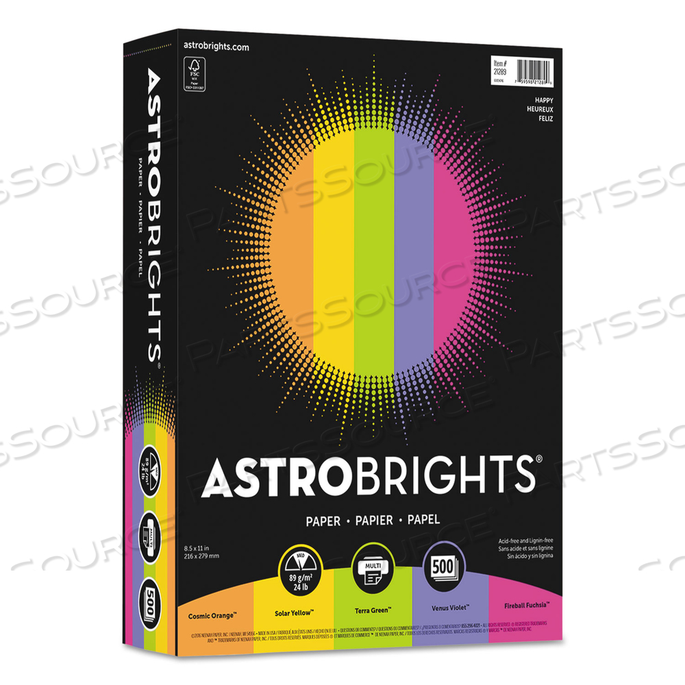 COLOR PAPER - "HAPPY" ASSORTMENT, 24 LB BOND WEIGHT, 8.5 X 11, ASSORTED HAPPY COLORS by Astrobrights COLOR PAPER - "HAPPY" ASSORTMENT, 24 LB BOND WEIGHT, 8.5 X 11, ASSORTED HAPPY COLORS by Astrobrights