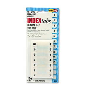 LEGAL INDEX TABS, PREPRINTED NUMERIC: 1 TO 10, 1/12-CUT, WHITE, 0.44" WIDE by Redi-Tag