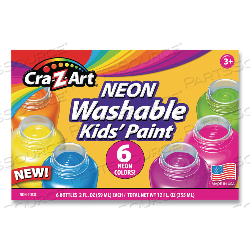 NEON WASHABLE KIDS' PAINT, 6 ASSORTED NEON COLORS, 2 OZ BOTTLE, 6/PACK by Cra-Z-Art