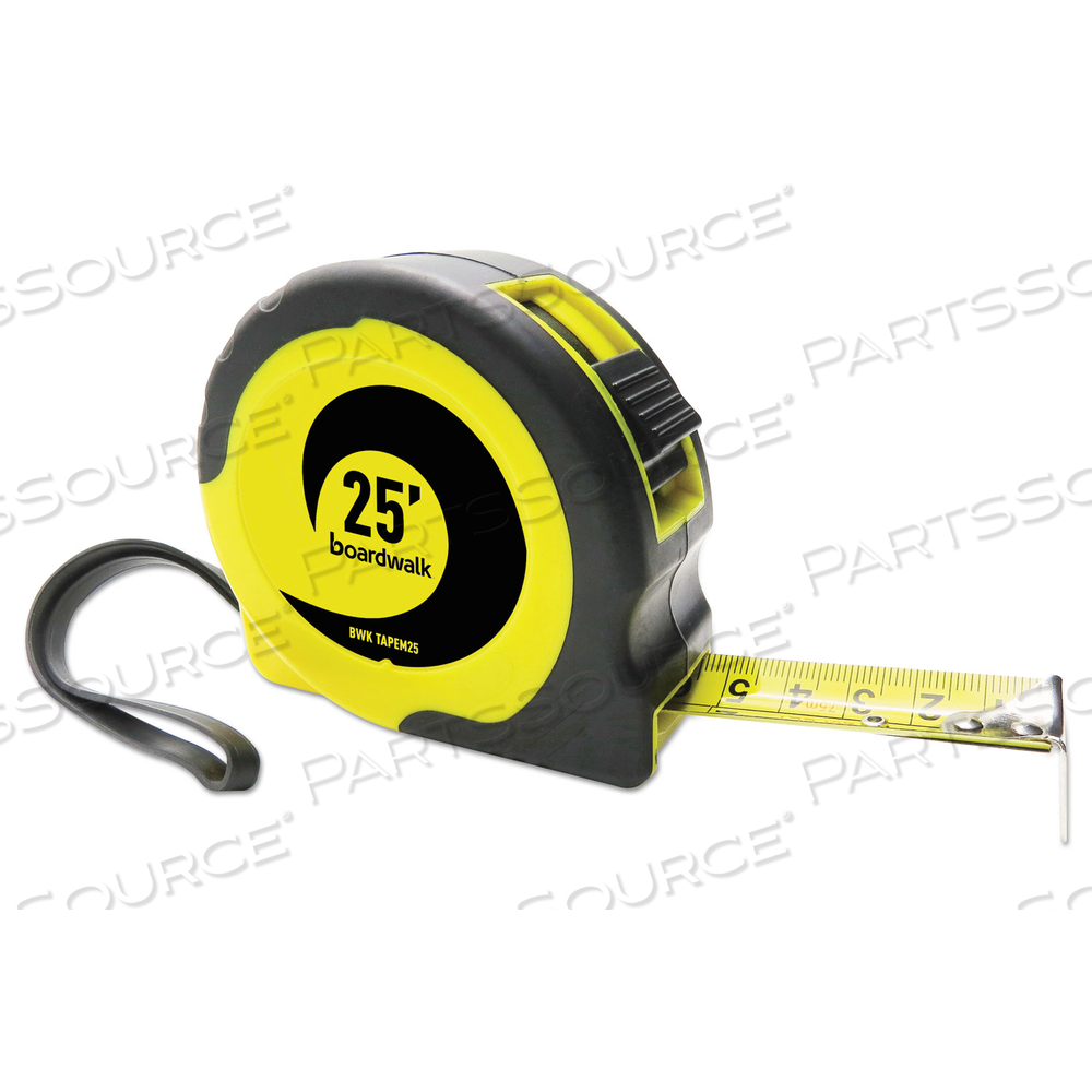 EASY GRIP TAPE MEASURE, 25 FT, PLASTIC CASE, BLACK AND YELLOW, 1/16" GRADUATIONS by Boardwalk