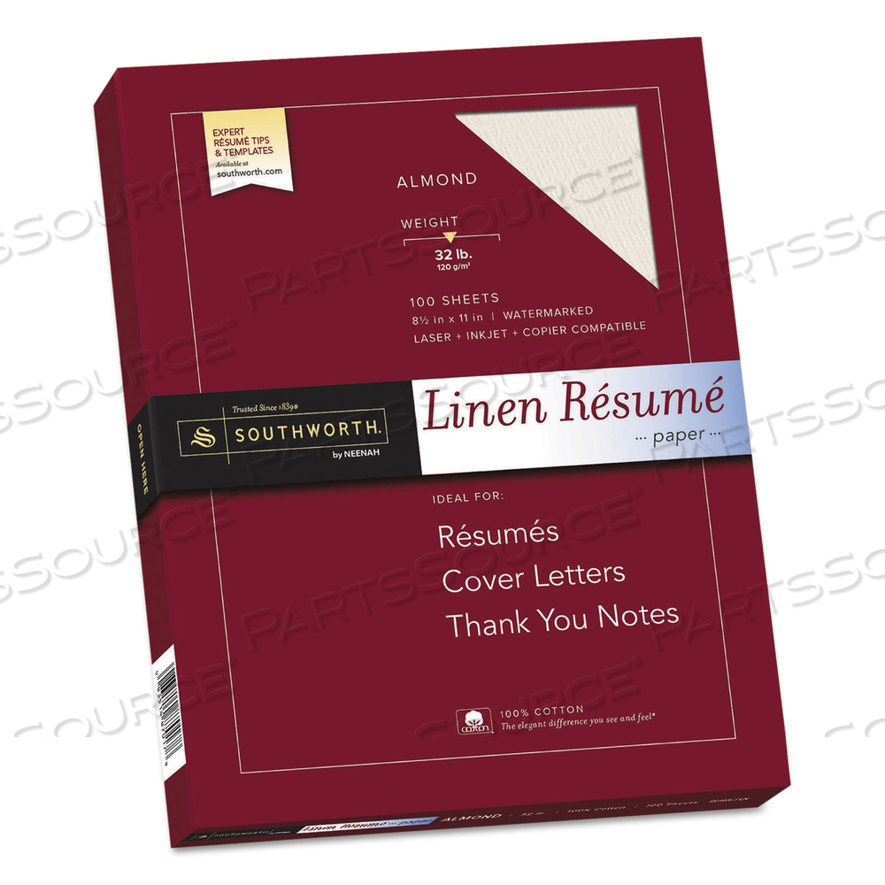 100% COTTON PREMIUM WEIGHT LINEN RESUME PAPER, 32 LB BOND WEIGHT, 8.5 X 11, ALMOND by SOUTHWORTH PRODUCTS CORP 100% COTTON PREMIUM WEIGHT LINEN RESUME PAPER, 32 LB BOND WEIGHT, 8.5 X 11, ALMOND by SOUTHWORTH PRODUCTS CORP