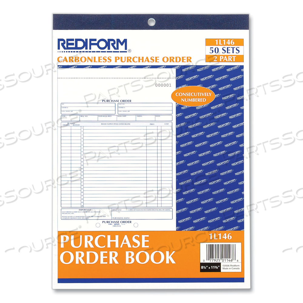 PURCHASE ORDER BOOK, 17 LINES, TWO-PART CARBONLESS, 8.5 X 11, 50 FORMS TOTAL by Rediform