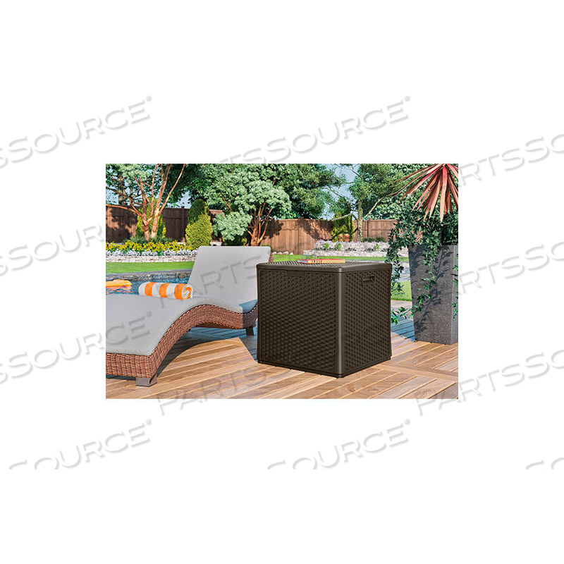 RESIN WICKER OUTDOOR STORAGE DECK BOX 124 GALLON 52-3/4"L X 29"W X 26"H JAVA by Suncast Commercial RESIN WICKER OUTDOOR STORAGE DECK BOX 124 GALLON 52-3/4"L X 29"W X 26"H JAVA by Suncast Commercial