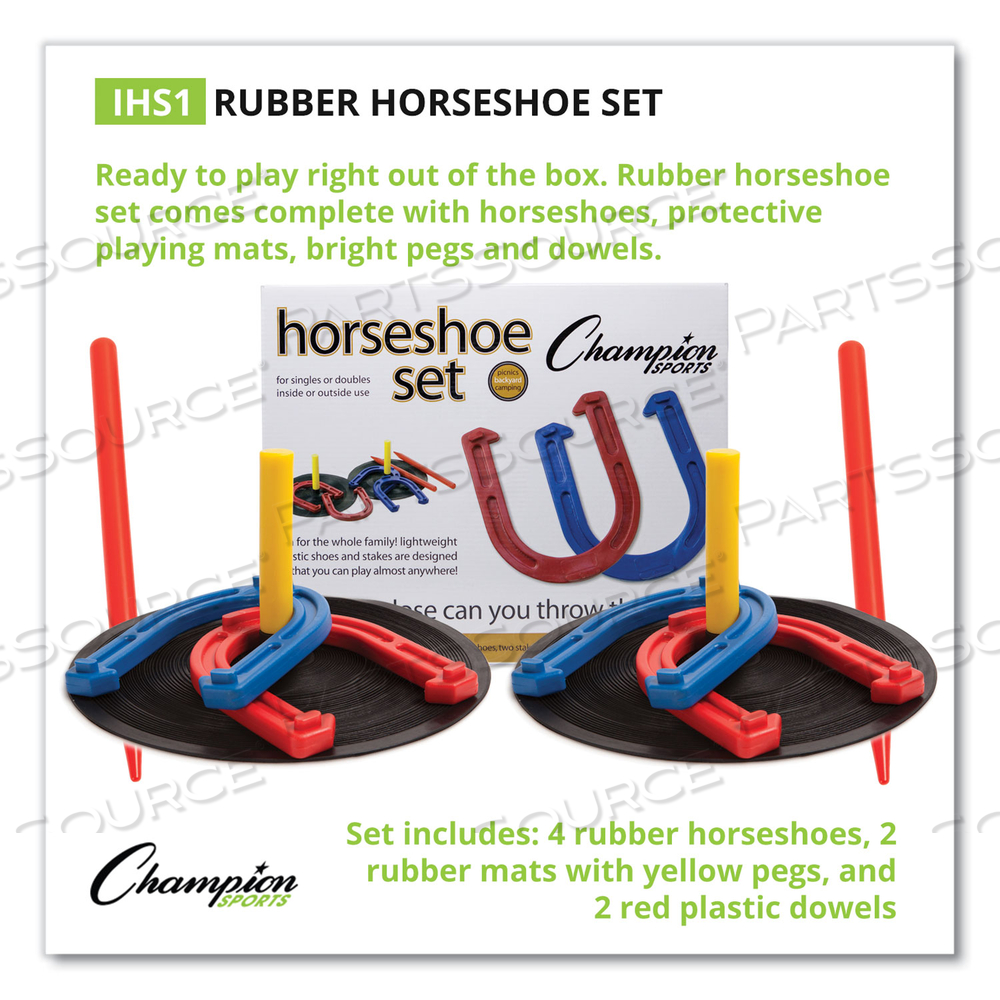 INDOOR/OUTDOOR RUBBER HORSESHOE SET, 4 RUBBER HORSESHOES, 2 RUBBER MATS, 2 PLASTIC DOWELS 