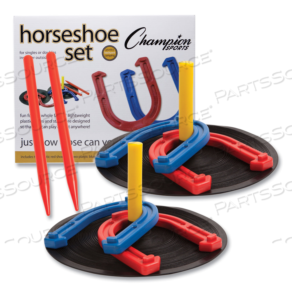 INDOOR/OUTDOOR RUBBER HORSESHOE SET, 4 RUBBER HORSESHOES, 2 RUBBER MATS, 2 PLASTIC DOWELS 