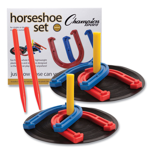 INDOOR/OUTDOOR RUBBER HORSESHOE SET, 4 RUBBER HORSESHOES, 2 RUBBER MATS, 2 PLASTIC DOWELS by Champion Sports INDOOR/OUTDOOR RUBBER HORSESHOE SET, 4 RUBBER HORSESHOES, 2 RUBBER MATS, 2 PLASTIC DOWELS by Champion Sports