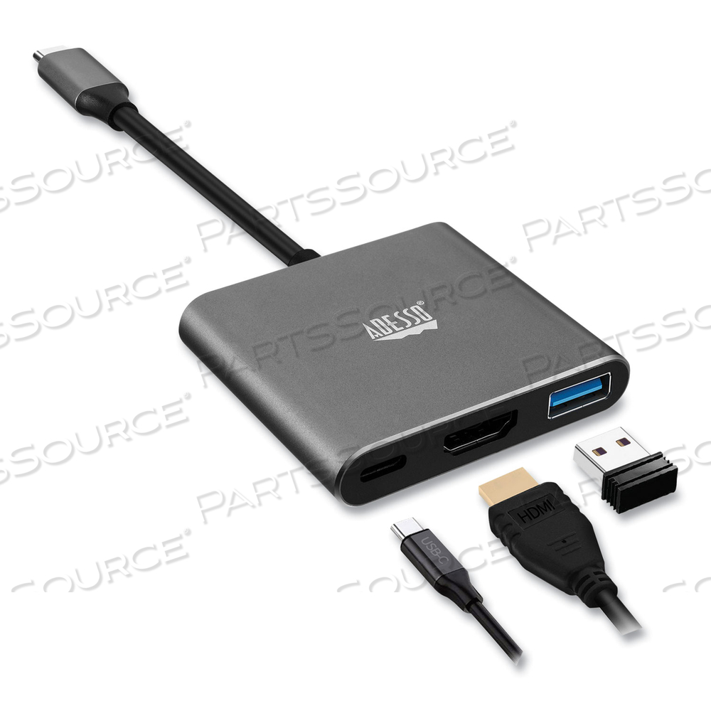 3-IN-1 USB-C MULTI-PORT TAA COMPLIANT DOCKING STATION, HDMI, USB-C, USB 3 A+PD, BLACK/GRAY by Adesso, Inc. 3-IN-1 USB-C MULTI-PORT TAA COMPLIANT DOCKING STATION, HDMI, USB-C, USB 3 A+PD, BLACK/GRAY by Adesso, Inc.