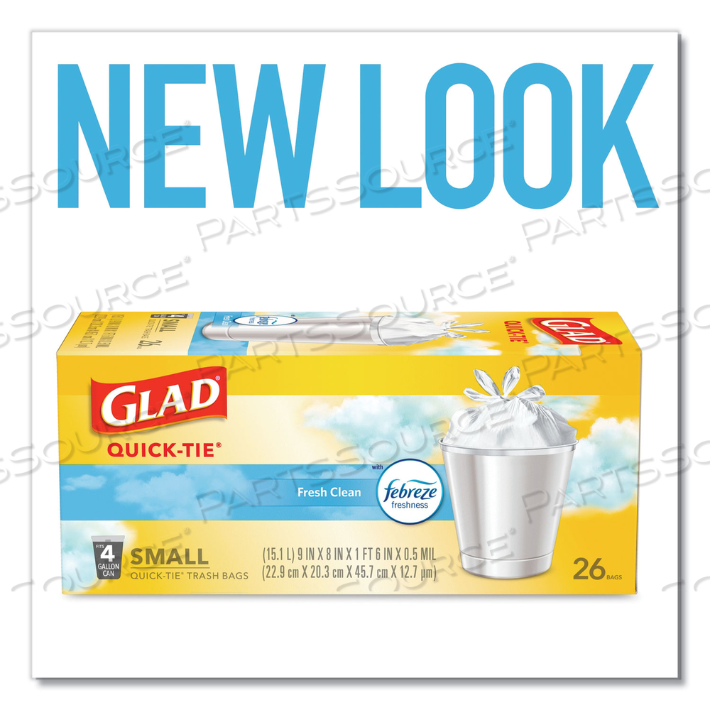 ODORSHIELD QUICK-TIE SMALL TRASH BAGS, 4 GAL, 0.5 MIL, 8" X 18", WHITE, 26 BAGS/BOX by Glad