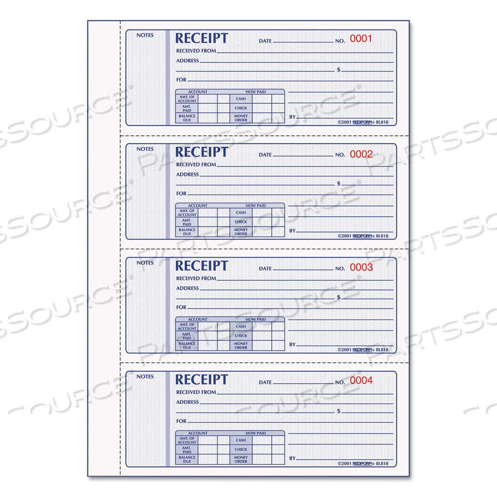 MONEY RECEIPT BOOK, HARDCOVER, THREE-PART CARBONLESS, 7 X 2.75, 4 FORMS/SHEET, 200 FORMS TOTAL by Rediform