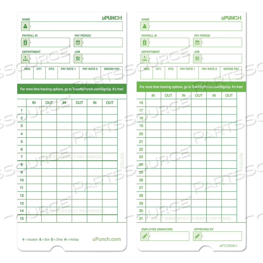 TIME CLOCK CARDS FOR UPUNCH HN1000/HN3000/HN3600, TWO SIDES, 7.5 X 3.5 by uPunch