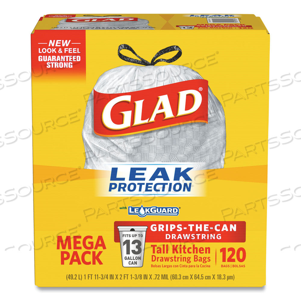 FORCEFLEXPLUS ODORSHIELD TALL KITCHEN DRAWSTRING TRASH BAGS, 13 GAL, 0.72 MIL, 23.75" X 25.38", WHITE by Glad
