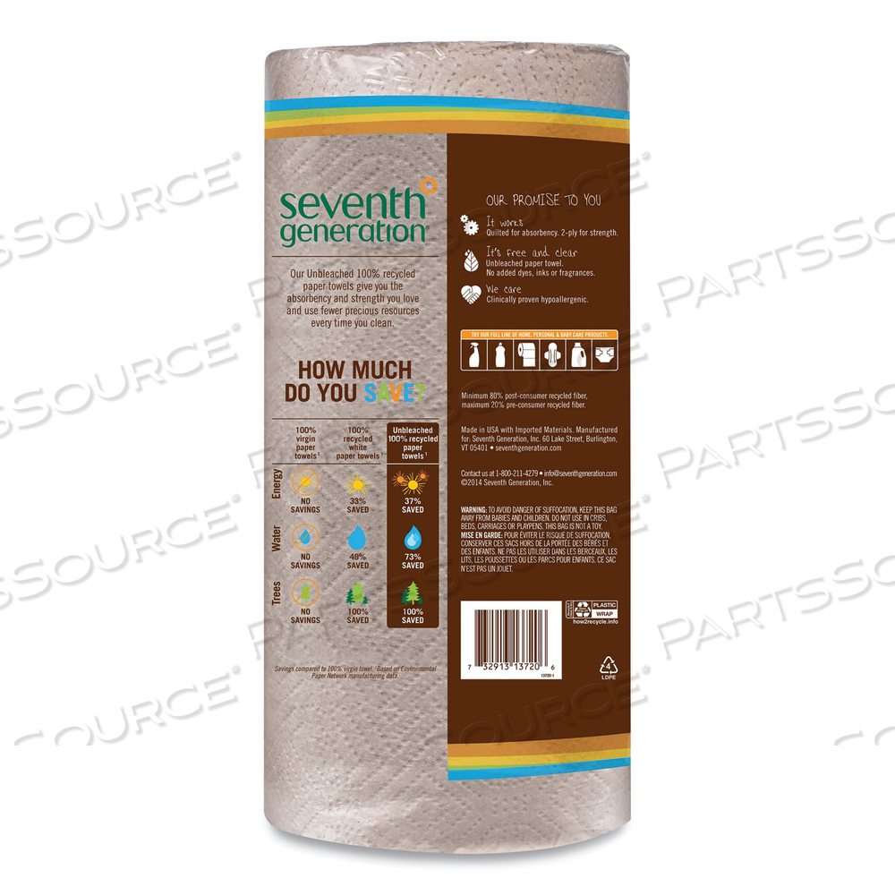 NATURAL UNBLEACHED 100% RECYCLED PAPER KITCHEN TOWEL ROLLS, 2-PLY, 11 X 9, 120 SHEETS/ROLL by Seventh Generation