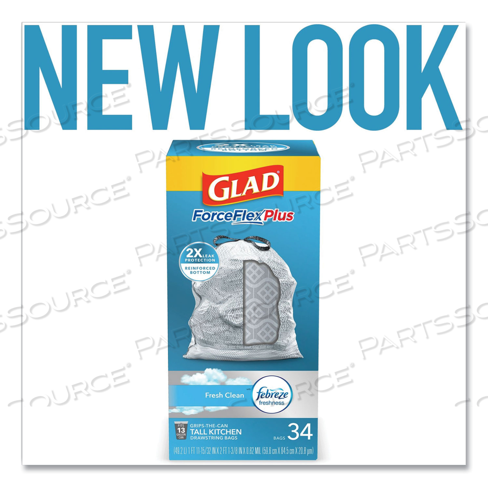 FORCEFLEXPLUS ODORSHIELD TALL KITCHEN DRAWSTRING TRASH BAGS, 13 GAL, 0.9 MIL, 24" X 28", WHITE, 34 BAGS/BOX by Glad FORCEFLEXPLUS ODORSHIELD TALL KITCHEN DRAWSTRING TRASH BAGS, 13 GAL, 0.9 MIL, 24" X 28", WHITE, 34 BAGS/BOX by Glad