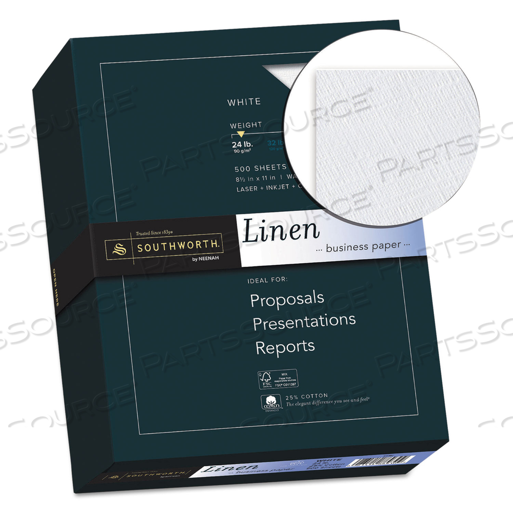 25% COTTON LINEN BUSINESS PAPER, 91 BRIGHT, 24 LB BOND WEIGHT, 8.5 X 11, WHITE, 500/REAM by SOUTHWORTH PRODUCTS CORP