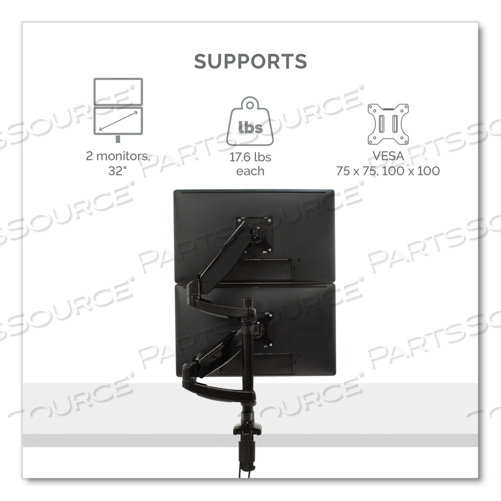 PLATINUM SERIES DUAL STACKING ARM FOR 27" MONITORS, 360 DEG ROTATION, 180 DEG TILT, 360 DEG PAN, BLACK, SUPPORTS 22 LB 