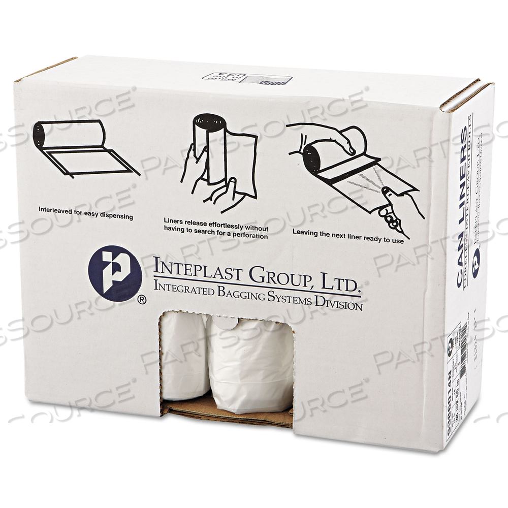 HIGH-DENSITY INTERLEAVED COMMERCIAL CAN LINERS, 60 GAL, 14 MICRONS, 38" X 60", CLEAR, 25 BAGS/ROLL by Inteplast Group