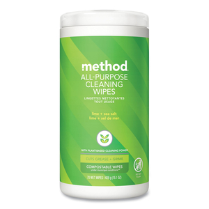 ALL PURPOSE CLEANING WIPES, 1 PLY, LIME AND SEA SALT, WHITE, 70/CANISTER, 6/CARTON by Method ALL PURPOSE CLEANING WIPES, 1 PLY, LIME AND SEA SALT, WHITE, 70/CANISTER, 6/CARTON by Method