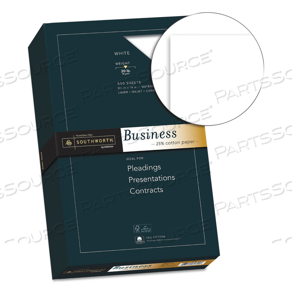 25% COTTON BUSINESS PAPER, 95 BRIGHT, 20 LB BOND WEIGHT, 8.5 X 14, WHITE, 500 SHEETS/REAM by SOUTHWORTH PRODUCTS CORP