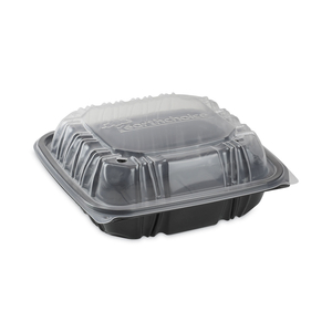 EARTHCHOICE VENTED DUAL COLOR MICROWAVABLE HINGED LID CONTAINER, 1-COMPARTMENT, 38OZ, 8.5X8.5X3, BLACK/CLEAR, PLASTIC by Pactiv EARTHCHOICE VENTED DUAL COLOR MICROWAVABLE HINGED LID CONTAINER, 1-COMPARTMENT, 38OZ, 8.5X8.5X3, BLACK/CLEAR, PLASTIC by Pactiv