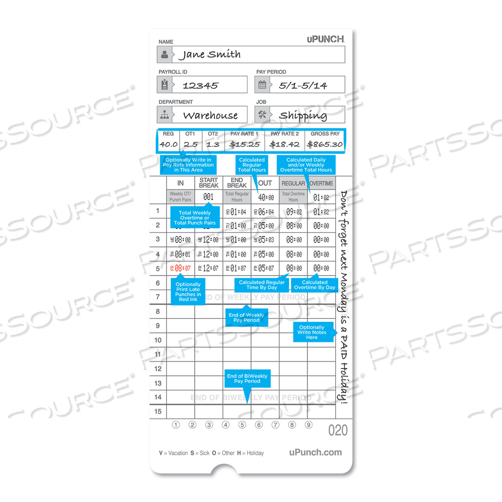 TIME CLOCK CARDS FOR UPUNCH HN2000/HN4000/HN4600, TWO SIDES, 7.5 X 3.5 by uPunch