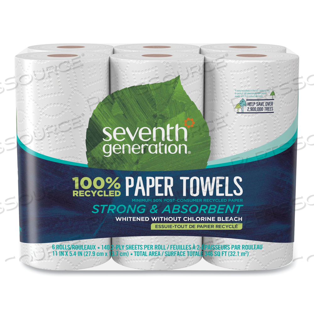 100% RECYCLED PAPER KITCHEN TOWEL ROLLS, 2-PLY, 11 X 5.4, 140 SHEETS/ROLL by Seventh Generation 100% RECYCLED PAPER KITCHEN TOWEL ROLLS, 2-PLY, 11 X 5.4, 140 SHEETS/ROLL by Seventh Generation