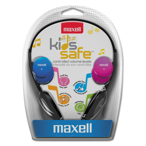KIDS SAFE HEADPHONES, 4 FT CORD, BLACK WITH INTERCHANGEABLE PINK/BLUE/SILVER CAPS by Maxell