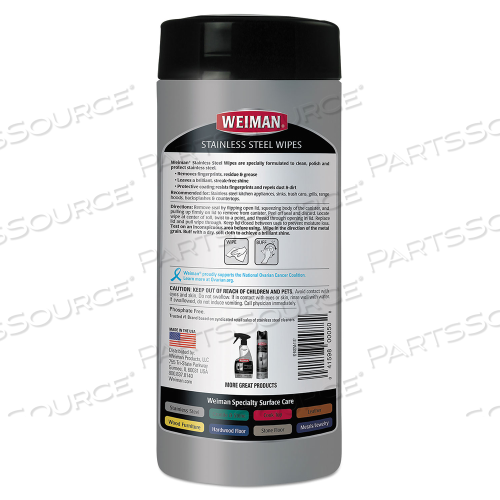 STAINLESS STEEL WIPES, 7 X 8, 30/CANISTER by Weiman