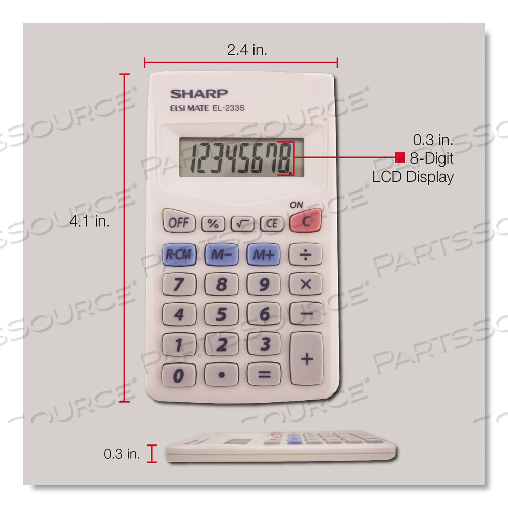 8-DIGIT POCKET CALCULATOR, 2-1/4" X 3-3/4" X 1/2", GREY/WHITE by Sharp Electronics Corporation