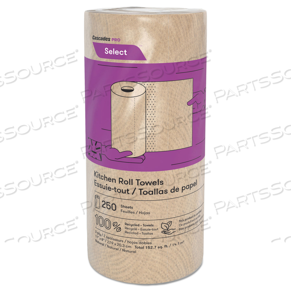 SELECT KITCHEN ROLL TOWELS, 2-PLY, 11" X 166.6 FT, NATURAL, 250/ROLL by Cascades PRO