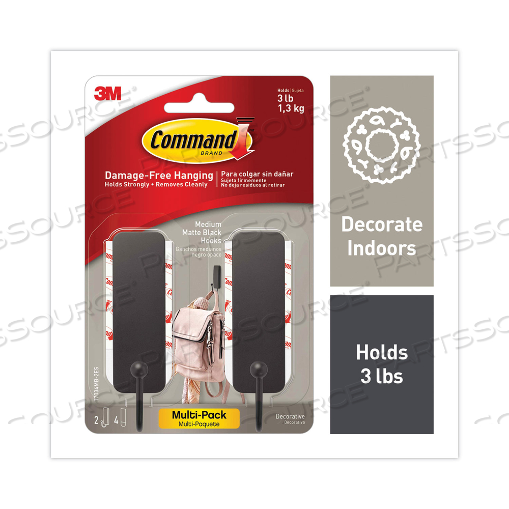 DECORATIVE HOOKS, MEDIUM, PLASTIC, MATTE BLACK, 3 LB CAPACITY, 2 HOOKS AND 4 STRIPS/PACK by 3M Consumer