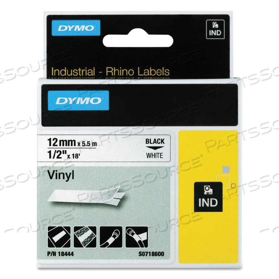 RHINO PERMANENT VINYL INDUSTRIAL LABEL TAPE, 0.5" X 18 FT, WHITE/BLACK PRINT by Dymo