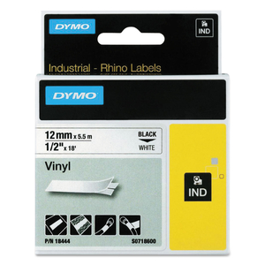 RHINO PERMANENT VINYL INDUSTRIAL LABEL TAPE, 0.5" X 18 FT, WHITE/BLACK PRINT by Dymo