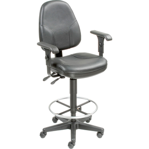 INTERION LEATHER OPERATOR STOOL WITH ARMS - 360 FOOTREST - BLACK by Approved Vendor