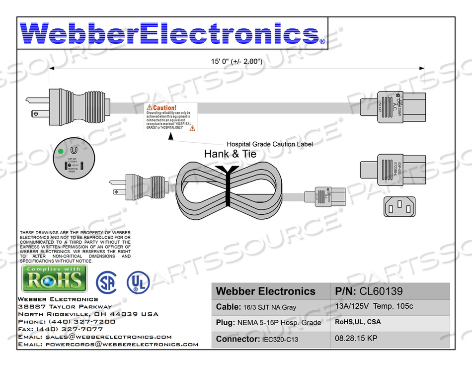15FT 16 AWG NEMA 5-15P - C13 HOSPITAL GRADE POWER CORD - GREY by Webber Electronics