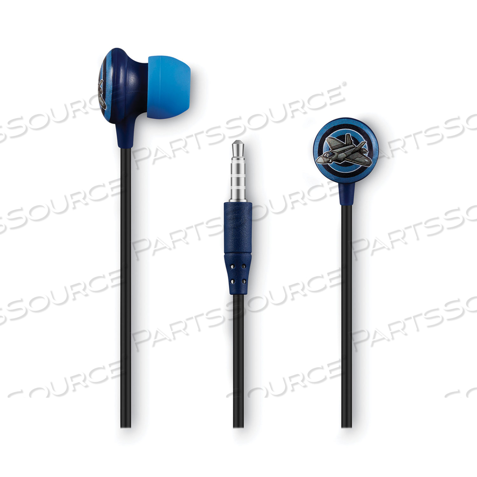 KIDS ANIMATED FIGHTER-JET DESIGN STEREO EARBUDS, 4 FT CORD, GRAY/BLUE/BLACK 