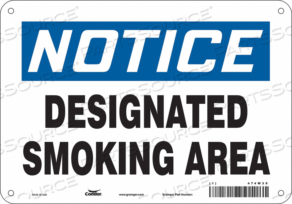 SAFETY SIGN, VERTICAL RECTANGLE, NUMBER OF PRINTED SIDES 1, ENGLISH, SIGN FORMAT TRADITIONAL OSHA, SIGN LEGEND DESIGNATED SMOKING AREA, SIGN by Condor SAFETY SIGN, VERTICAL RECTANGLE, NUMBER OF PRINTED SIDES 1, ENGLISH, SIGN FORMAT TRADITIONAL OSHA, SIGN LEGEND DESIGNATED SMOKING AREA, SIGN by Condor