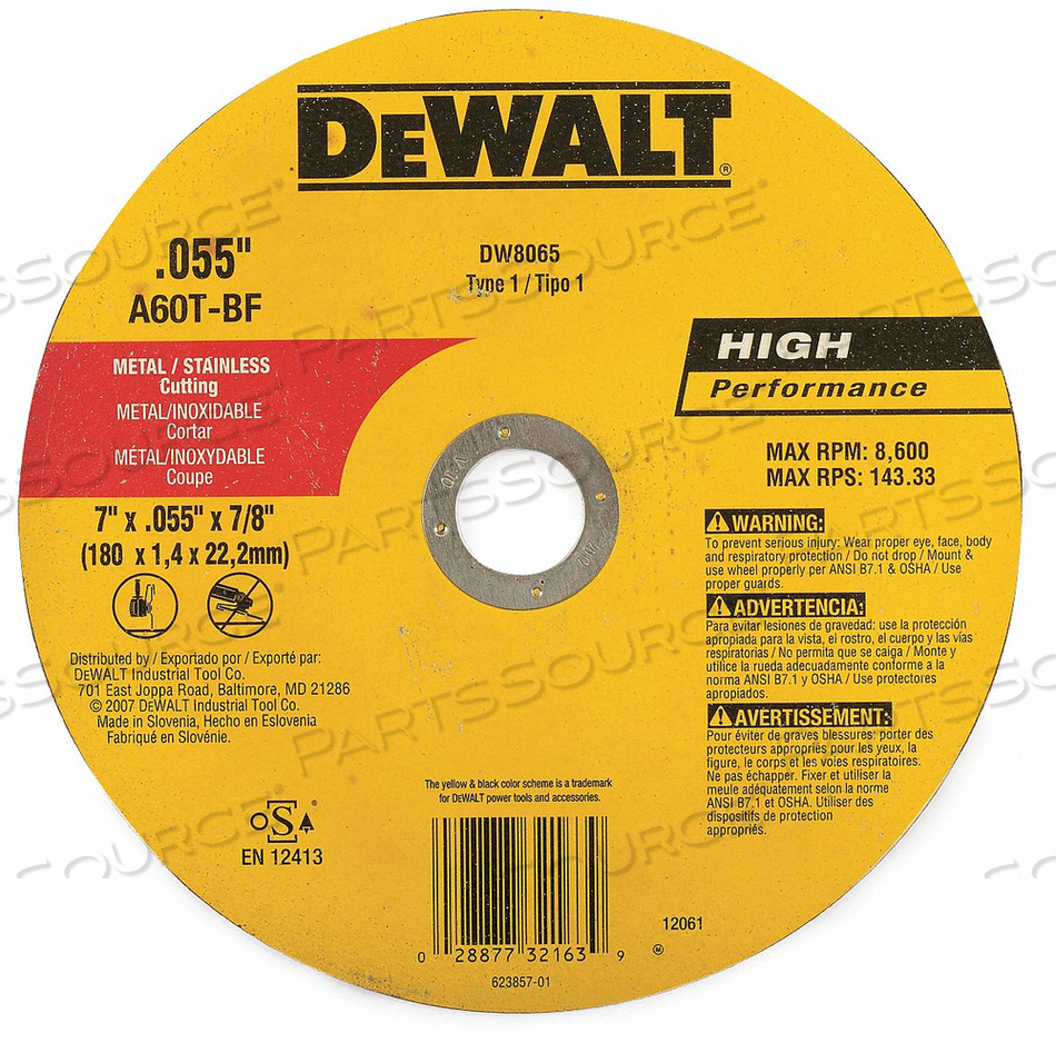 METAL & STAINLESS CUTTING WHEEL 7" DIA..045" THICK ALUMINUM OXIDE 