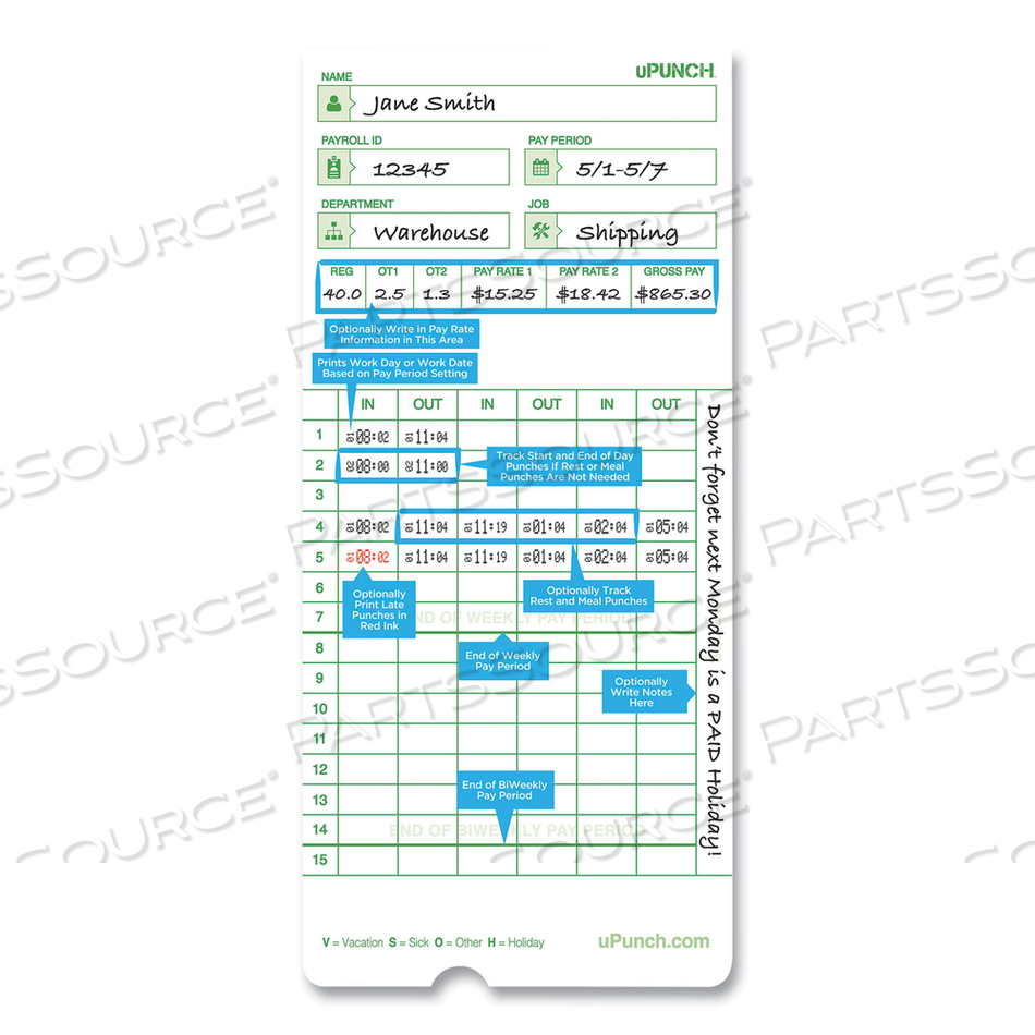TIME CLOCK CARDS FOR UPUNCH HN3000, TWO SIDES, 7.37 X 3.37, 50/PACK by uPunch