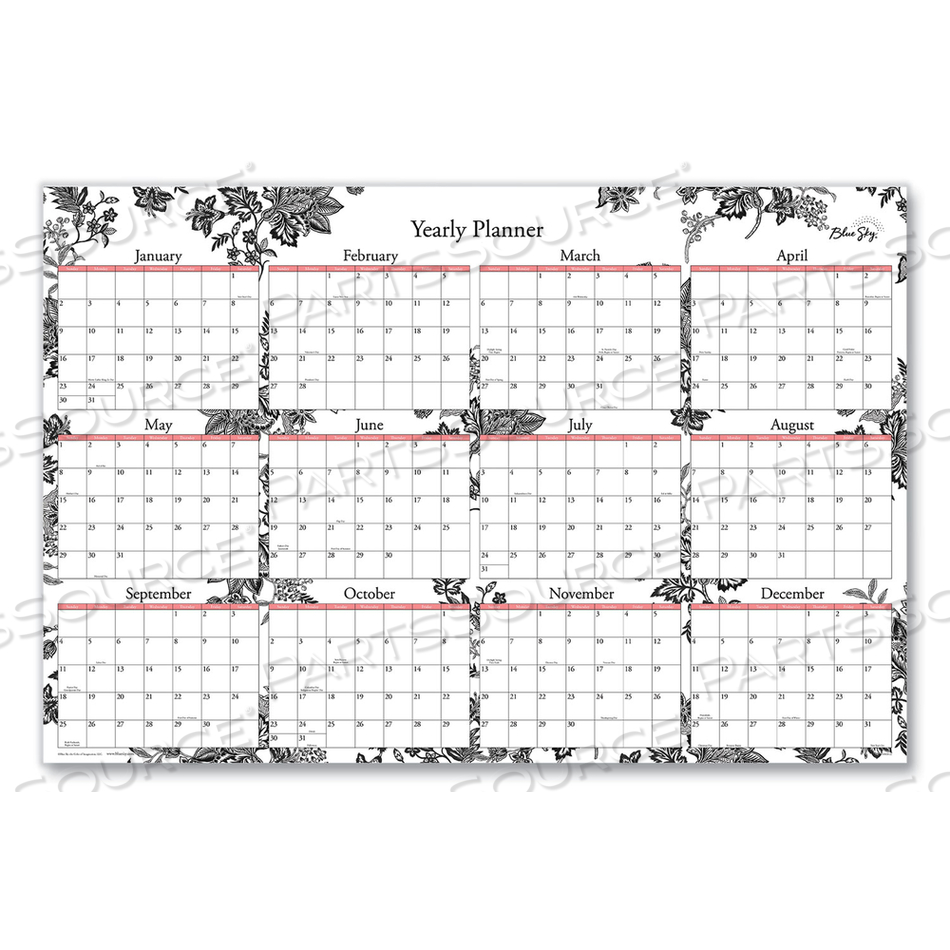 ANALEIS LAMINATED ERASABLE WALL CALENDAR, FLORAL ARTWORK, 36 X 24, WHITE/BLACK/CORAL SHEETS, 12-MONTH (JAN TO DEC): 2023 