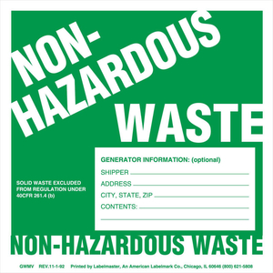 NON-HAZARDOUS WASTE LABEL, GENERATOR INFO, STOCK PVC FREE, VINYL, 100 by Labelmaster