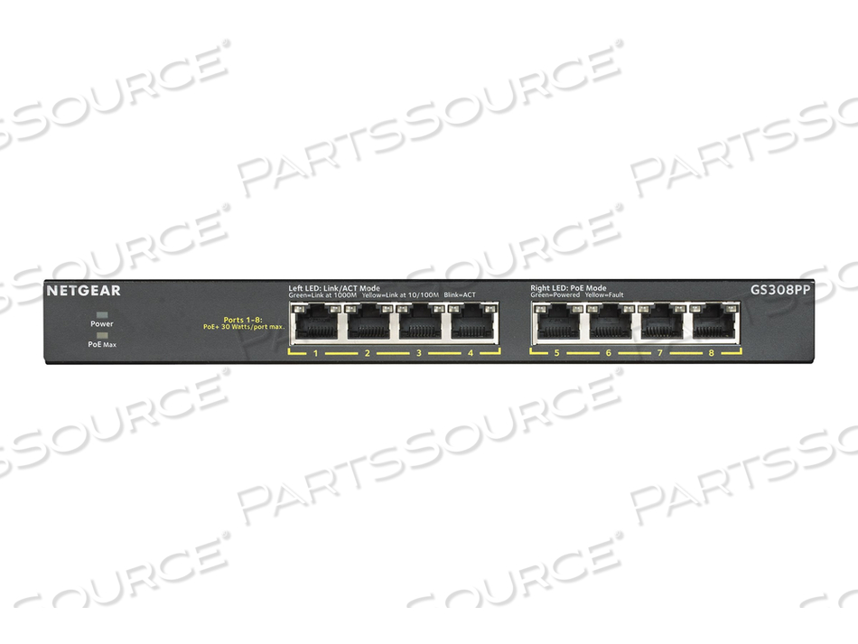 GS308PP, SWITCH, UNMANAGED, 8 X 10/100/1000 (POE+), DESKTOP, WALL-MOUNTABLE, POE+ (83 W), DC POWER by Netgear