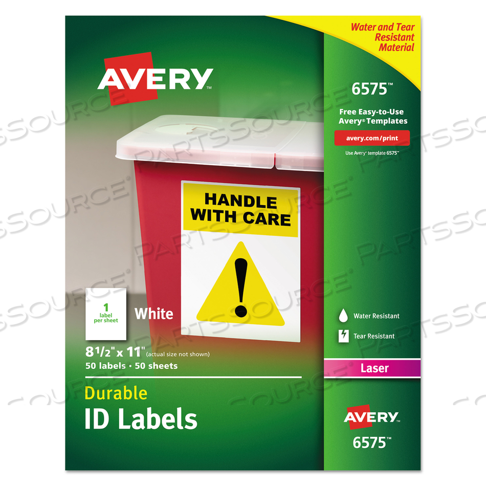 DURABLE PERMANENT ID LABELS WITH TRUEBLOCK TECHNOLOGY, LASER PRINTERS, 8.5 X 11, WHITE by Avery DURABLE PERMANENT ID LABELS WITH TRUEBLOCK TECHNOLOGY, LASER PRINTERS, 8.5 X 11, WHITE by Avery