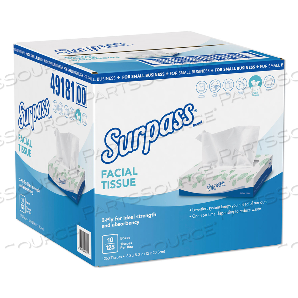 FACIAL TISSUE, 2-PLY, WHITE, FLAT BOX, 125/BOX, 10 BOXES/CARTON 