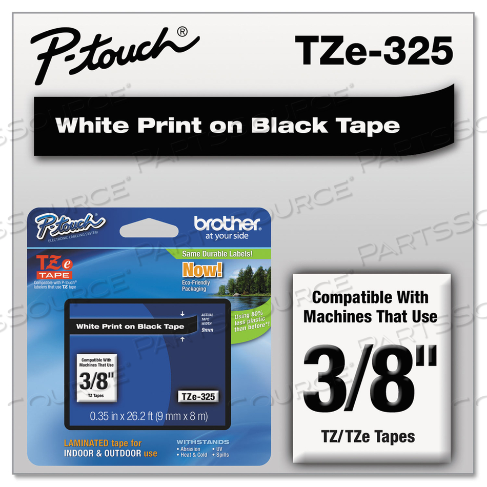 TZE STANDARD ADHESIVE LAMINATED LABELING TAPE, 0.35" X 26.2 FT, WHITE ON BLACK by Brother