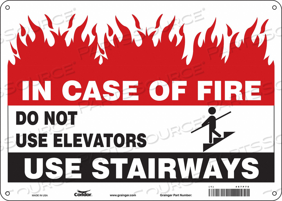 SAFETY SIGN EMERGENCY EXIT, HORIZONTAL RECTANGLE, NUMBER OF PRINTED SIDES 1, ENGLISH, SIGN LEGEND IN CASE OF FIRE DO NOT USE ELEVATORS USE S by Condor