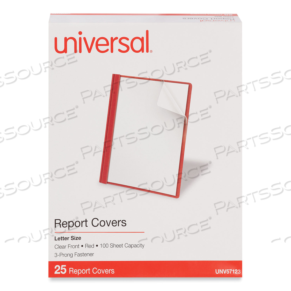CLEAR FRONT REPORT COVER, PRONG FASTENER, 0.5" CAPACITY, 8.5 X 11, CLEAR/RED by Universal